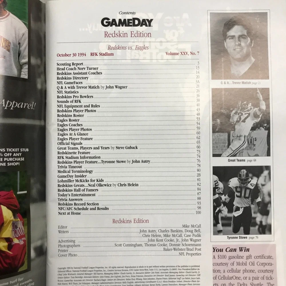 Vintage NFL Game‎ Day Program 75th Anniversary Oct 30, 1994 Redskins